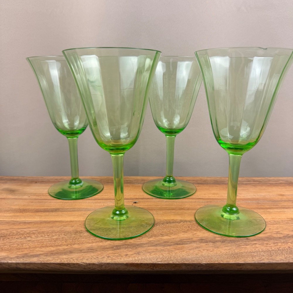 Vintage Green Uranium Glass Wine Goblets Panel Optic Vaseline Glass Set of 4